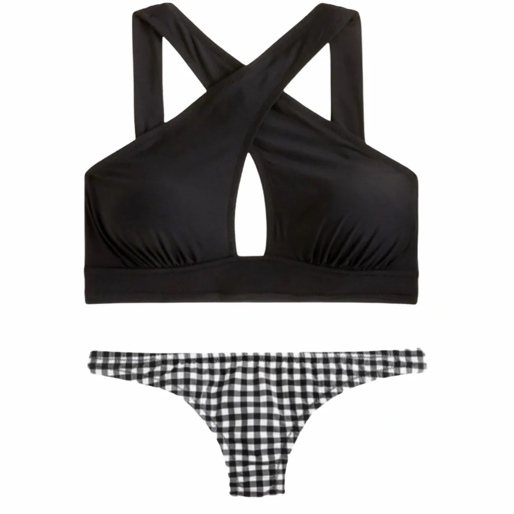 J Crew Crossed Halter Lowrider Bikini in Black Gingham Size S and L NWT